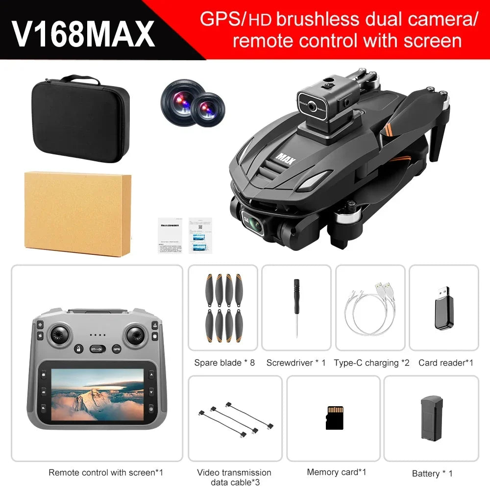 Thermabuild | V168 MAX GPS Folding Drone with 8K Camera - Professional Brushless Aerial FPV Quadcopter with Obstacle Avoidance and Large Screen Remote