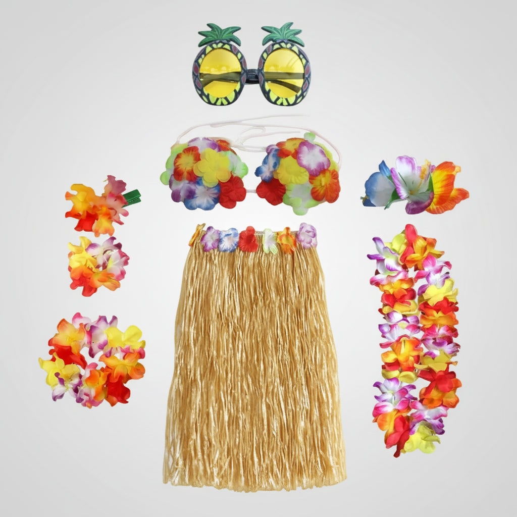 Thermabuild | Girls' Halloween Group of Four Hula Skirt Costume Set with Grass Flower Lei Headband and Wristbands