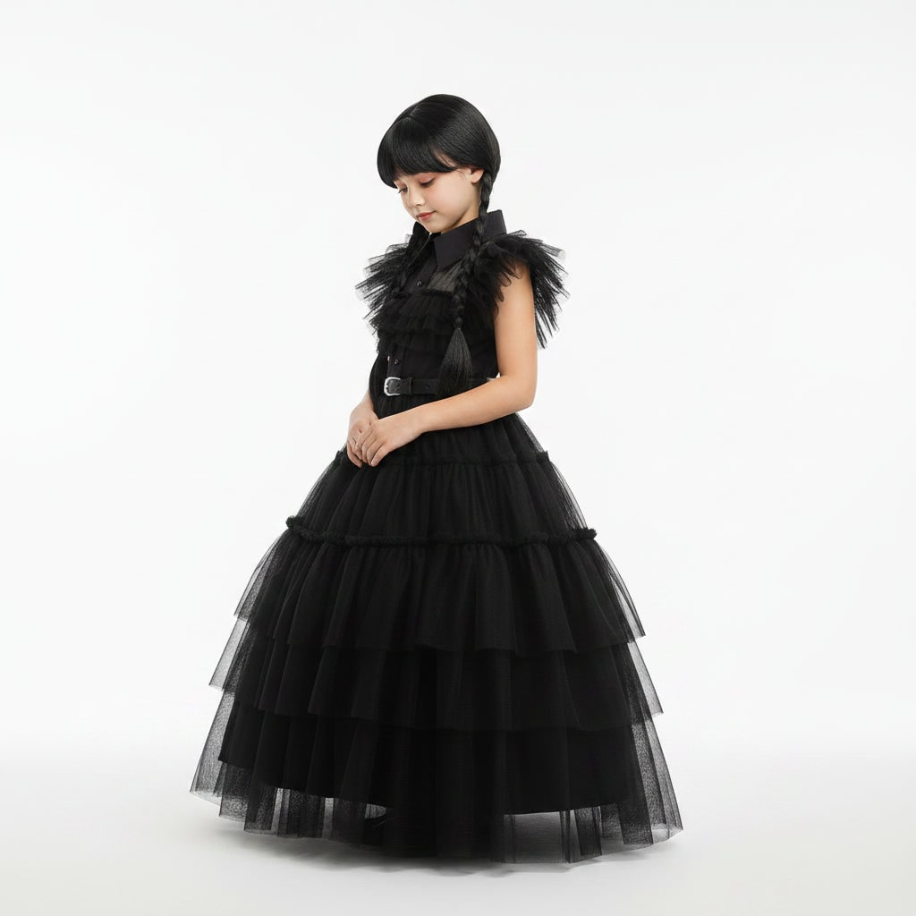 Thermabuild | Girls' Wednesday Halloween Costume with Tiered Tulle Dress and Accessories