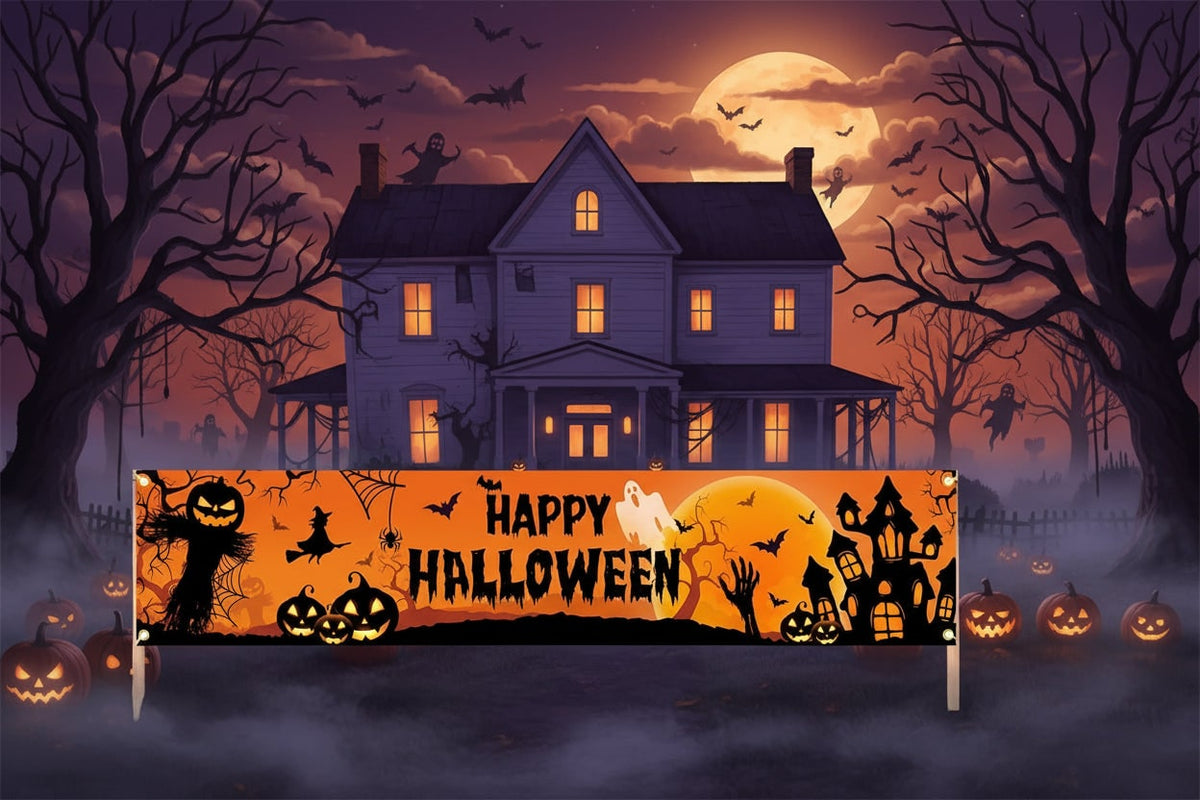 Thermabuild | Halloween Banner Large Outdoor Decoration with Pumpkins Witch and Bats for Yard