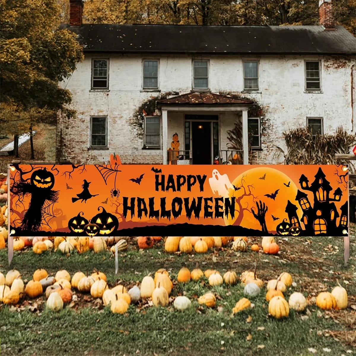Thermabuild | Halloween Banner with Jack O Lantern Pumpkin Witch Scarecrow Outdoor Yard Decoration