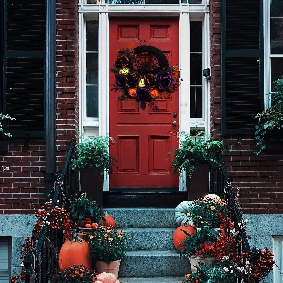 Thermabuild | Halloween Door Wreath with Black Roses Spiderweb and Glitter Ornaments for Indoor Decoration