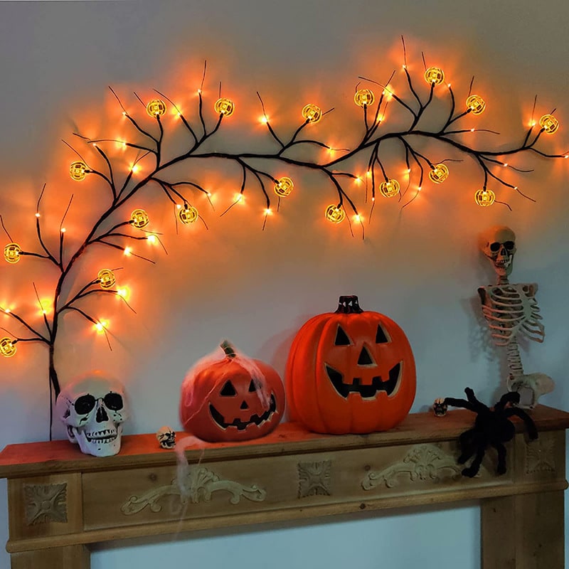 Thermabuild | Halloween Garland with Lights LED Twig Battery Operated for Outdoor Mantel Decoration