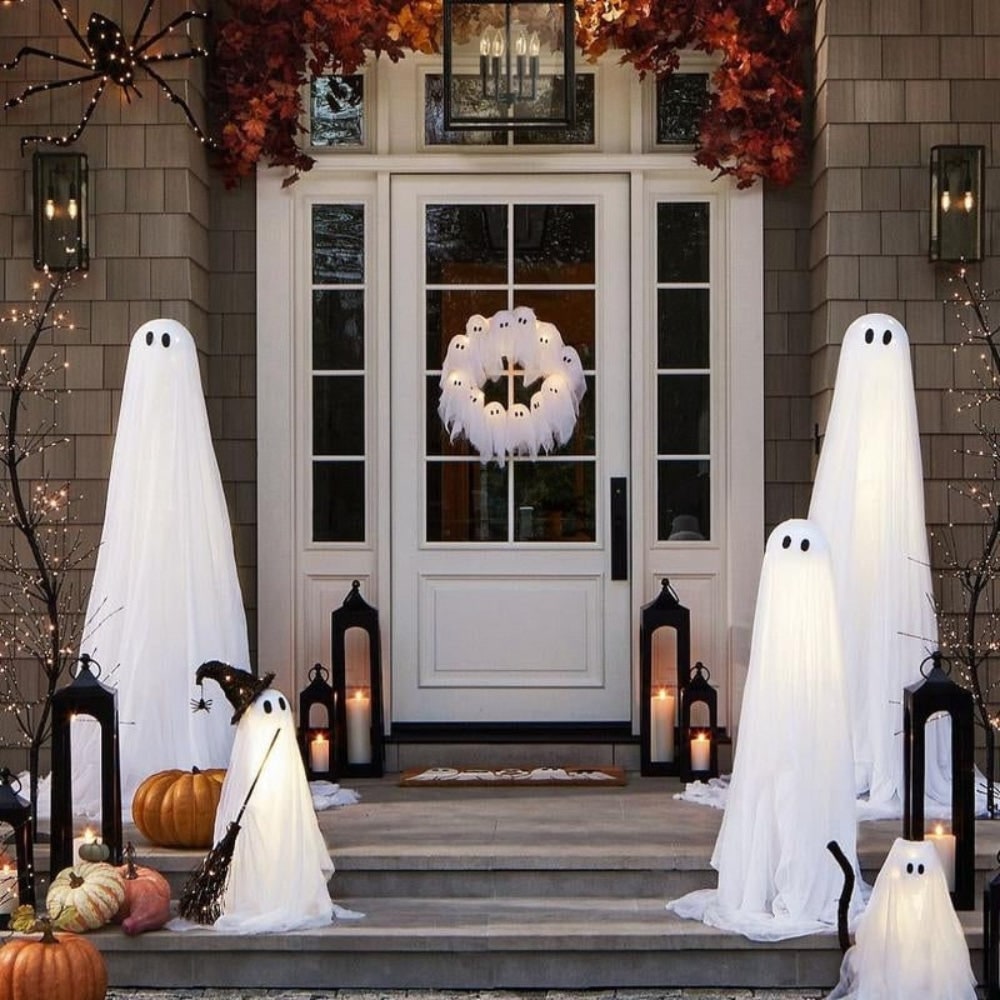 Thermabuild | Halloween Ghost Wreath with LED Lights Black Gauze Door for Outdoor Decoration