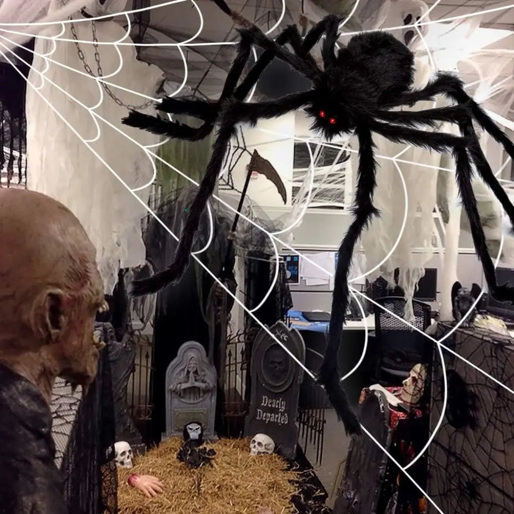 Thermabuild | Halloween Giant Spider Web Decoration with Poseable Fuzzy and Rope for Outdoor Yard