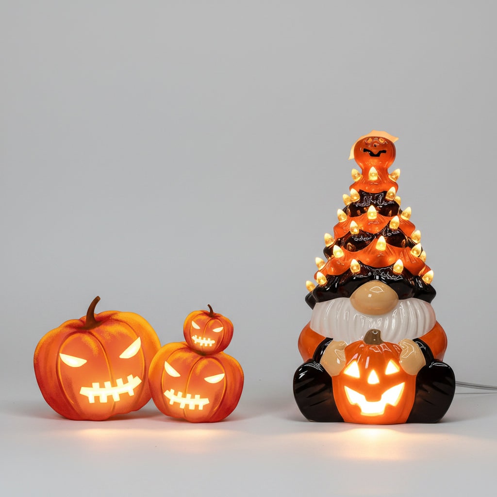 Thermabuild | Halloween Jack O Lantern Ceramic Gnome Light-Up Figurine with Pumpkin for Party Decorations