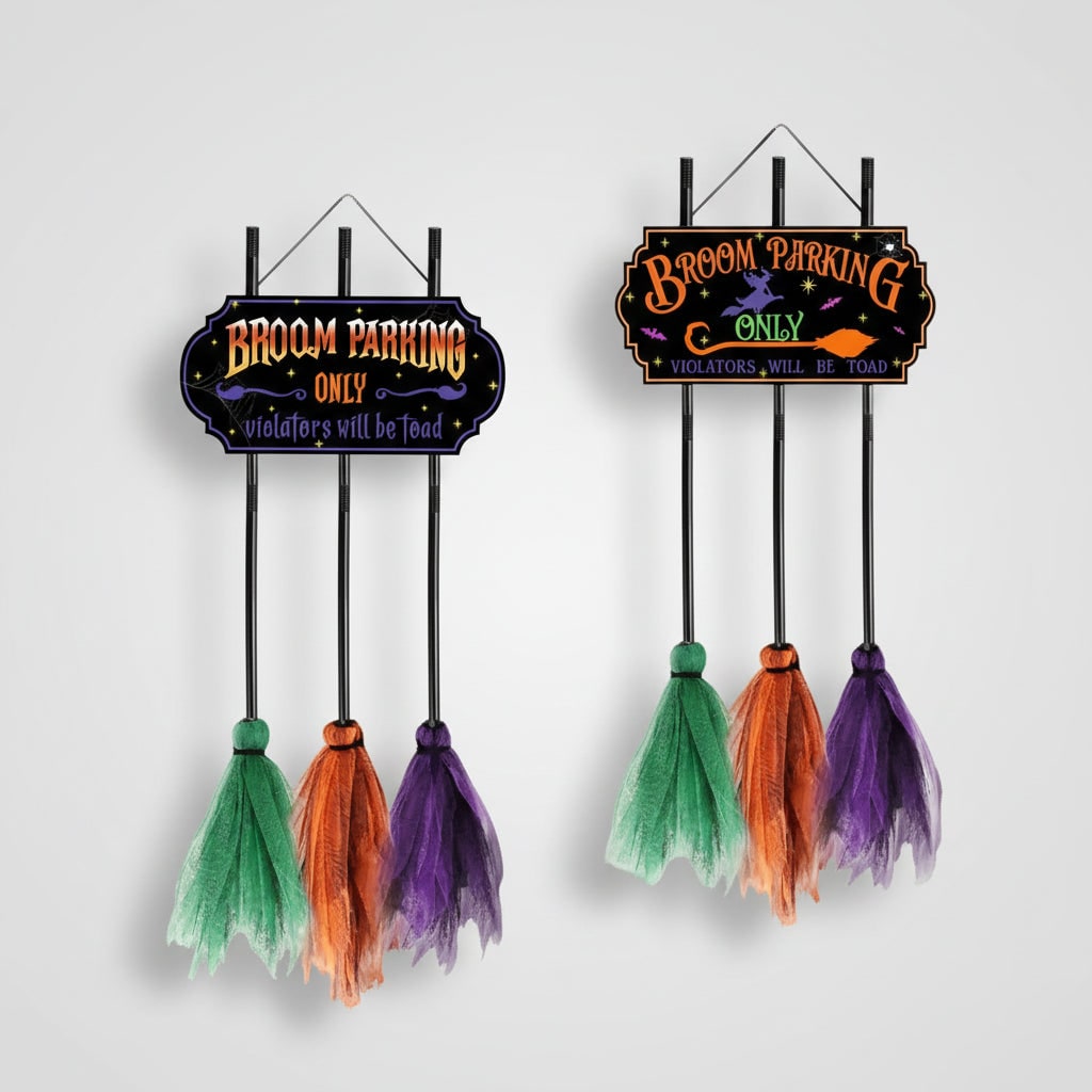 Thermabuild | Halloween No Parking Anytime Broom Sign with Decorative Mesh Outdoor Yard Decoration