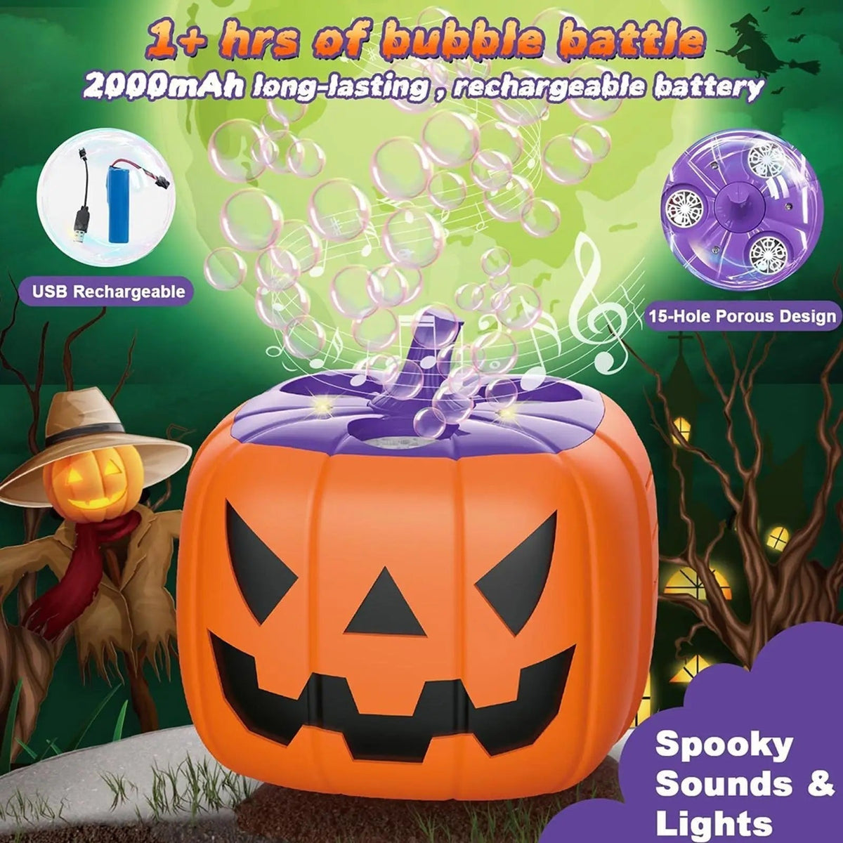 Thermabuild | Halloween Pumpkin Bubble Machine with LED Lights and Automatic Blower for Party Outdoor Decoration