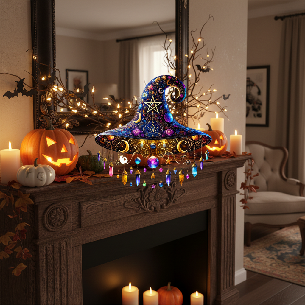 Thermabuild | Halloween Stained Glass Beaded Suncatcher Witch Hat Hanging Window Decoration