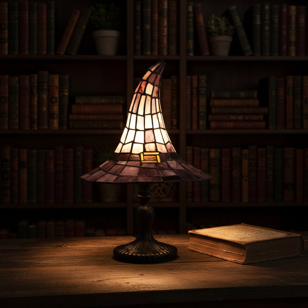 Thermabuild | Halloween Stained Glass Table Lamp with Witch Hat Design and Tiffany Style Lampshade