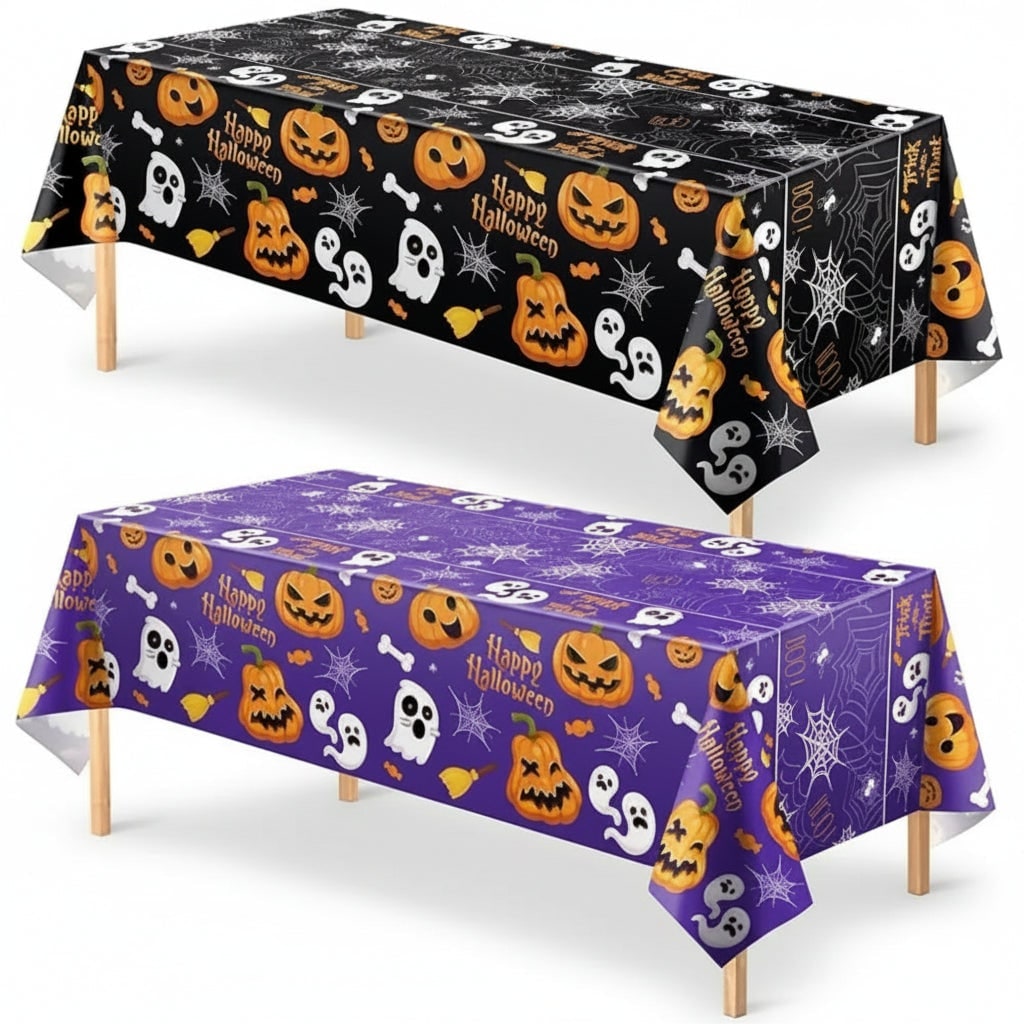 Thermabuild | Halloween Tablecloth Disposable Plastic Table Cover with Pumpkin Ghost and Spiderweb Pattern