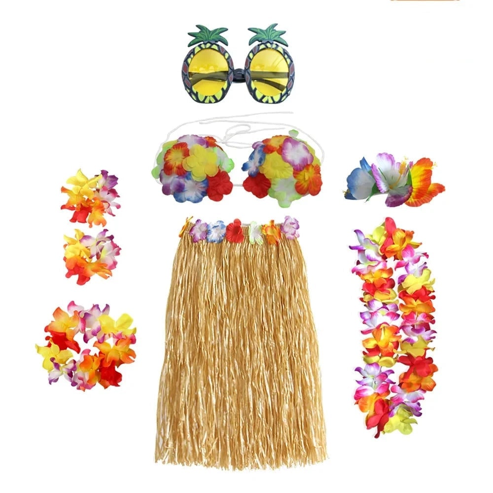 Thermabuild | Halloween Two Piece Skirt and Top Matching Set Hawaiian Hula Costume with Grass Flower Lei