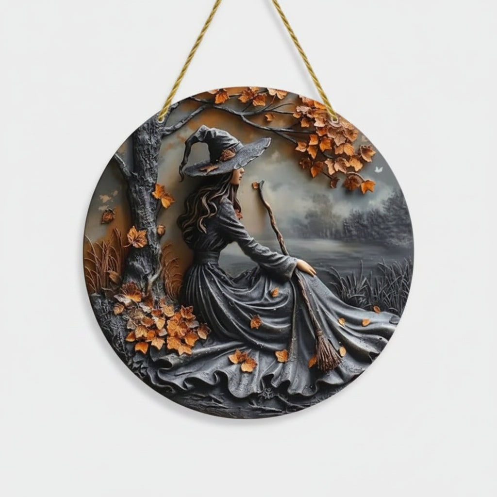Thermabuild | Halloween Wall Art Plaque with 3D Witch Relief and Autumn Leaves for Decor Panel