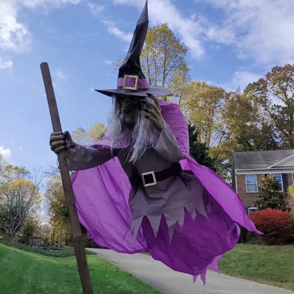 Thermabuild | Halloween Witch Decor Large Outdoor Prop with Glowing Eyes and Broomstick for Scary Yard Decoration