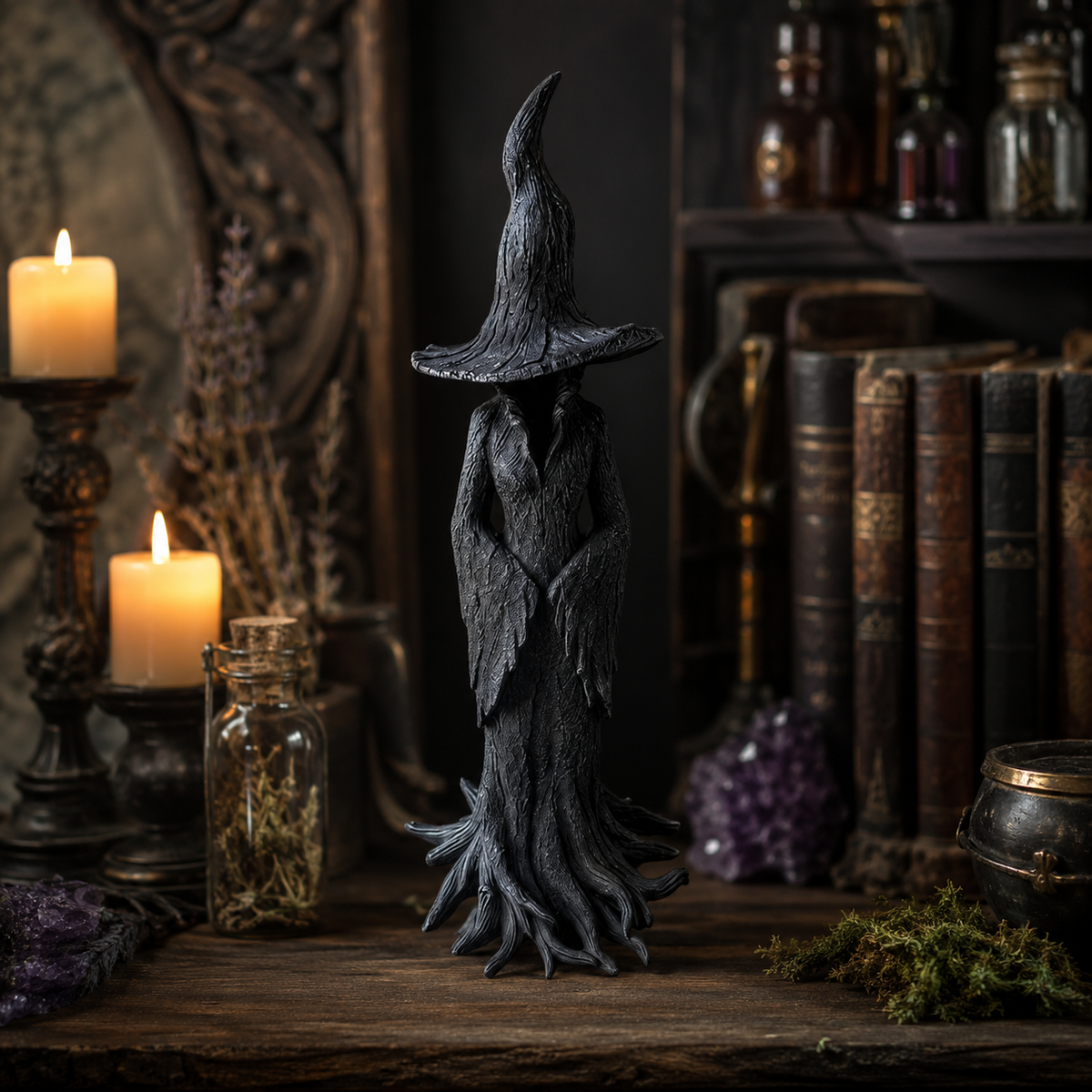 Thermabuild | Halloween Witch Decoration Figurine with Textured Bark Finish and Root Base for Tabletop Decor