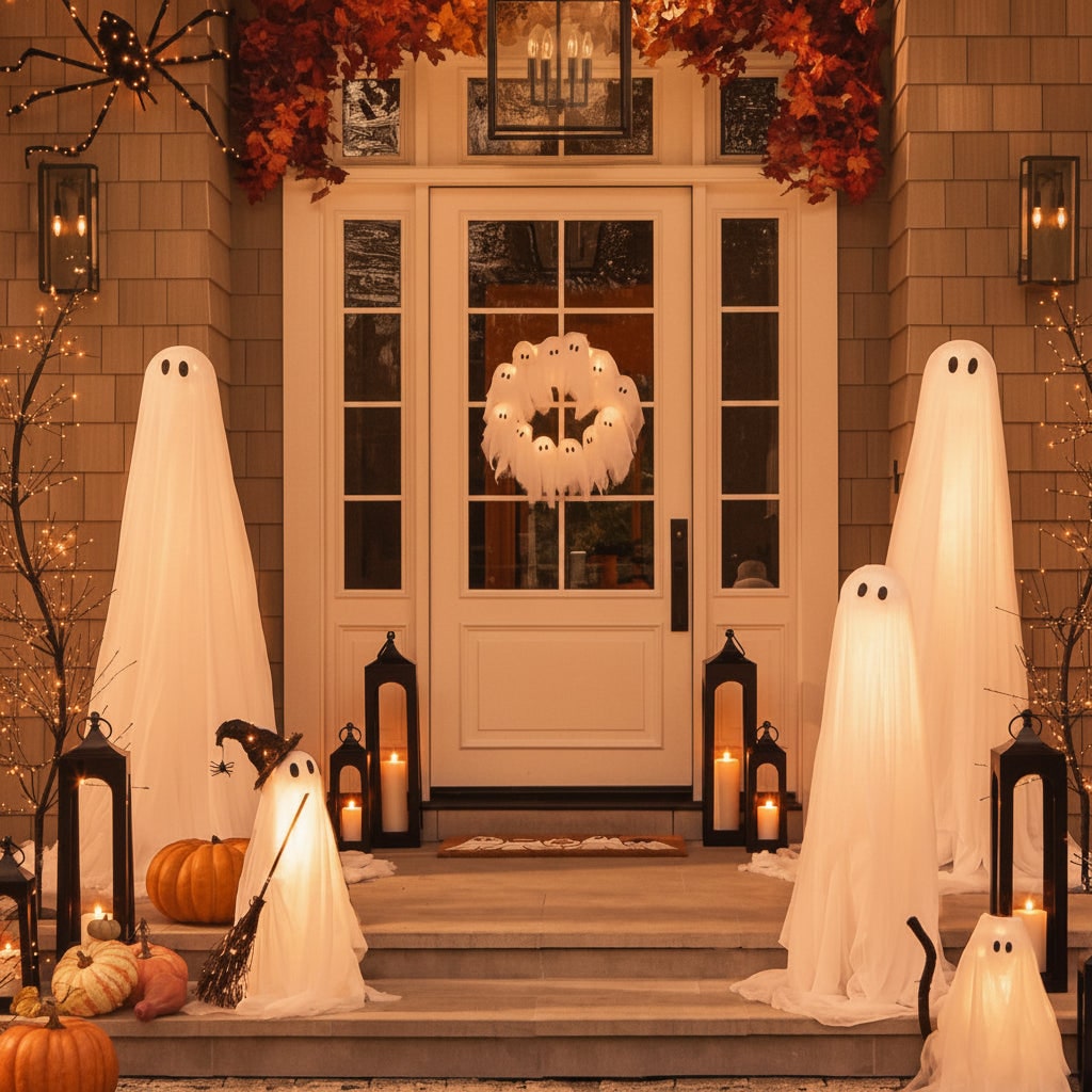 Thermabuild | Halloween Wreath Door Decoration with LED Ghost Lights and Gauze Fabric for Front Party Decor
