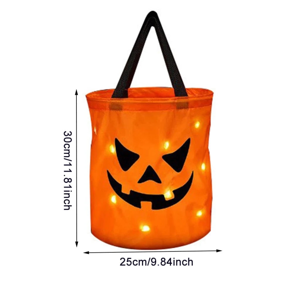 Thermabuild | Kids' Halloween Candy Bag and Trick or Treat Reusable with LED Pumpkin Lights and Handles for Party Favor