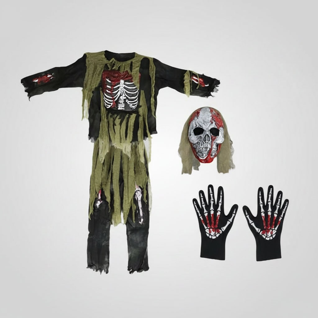 Thermabuild | Kids' Halloween Zombie Skeleton Costume with Skull Mask and Gloves Three-Piece Set