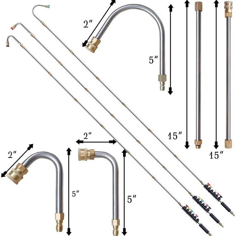 Thermabuild | High Pressure Washer Wand Extension Set 4000 PSI - Stainless Steel Power Cleaning Rod with 6 Spray Nozzles and Curved Gutter Attachment