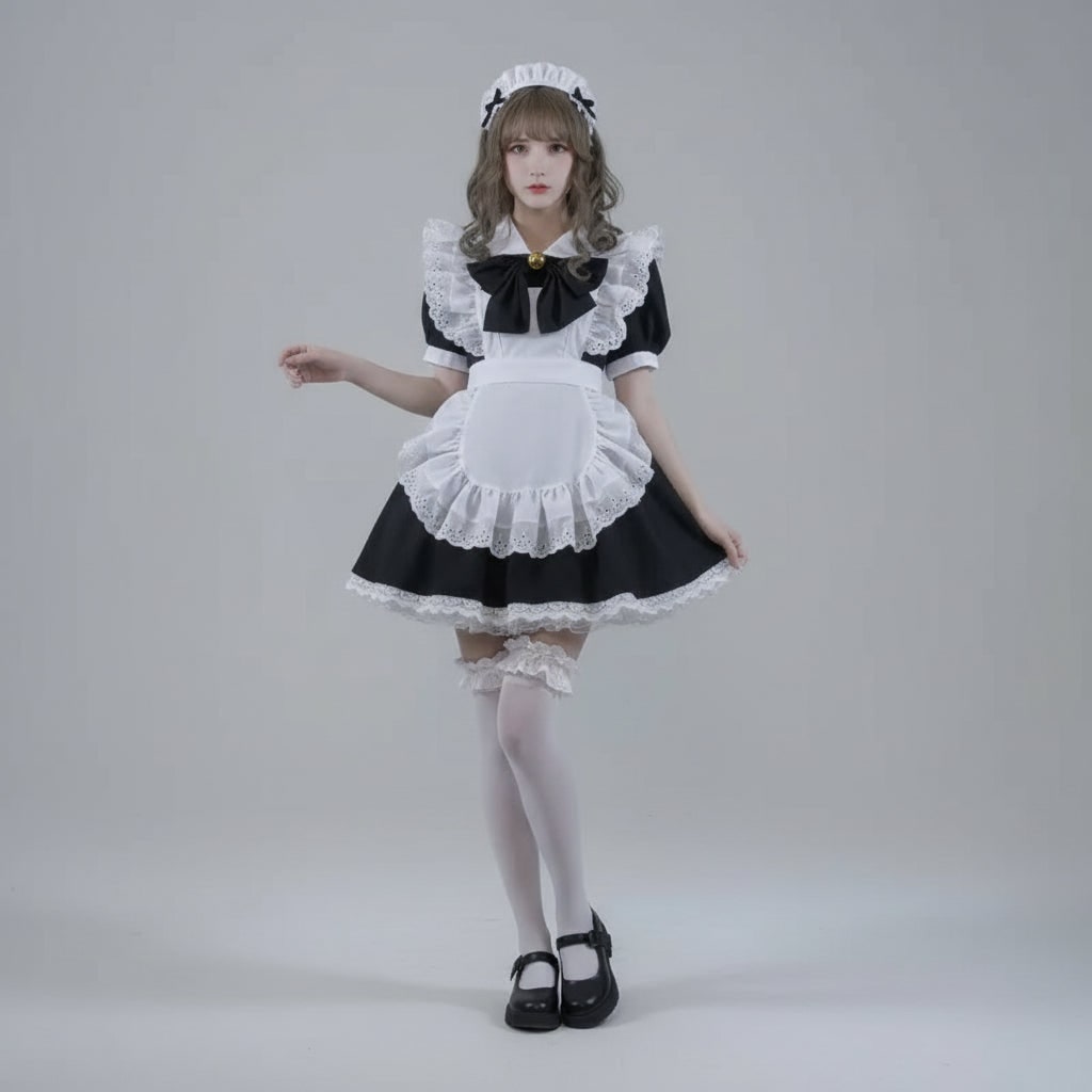 Thermabuild | Women's Halloween French Maid Costume Dress with Apron and Puff Sleeves for Plus Size Party