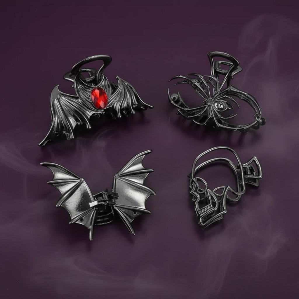 Thermabuild | Women's Halloween Hair Claw Clips with Skeleton Hand Bat Wing and Spiderweb Metal Decorative Design