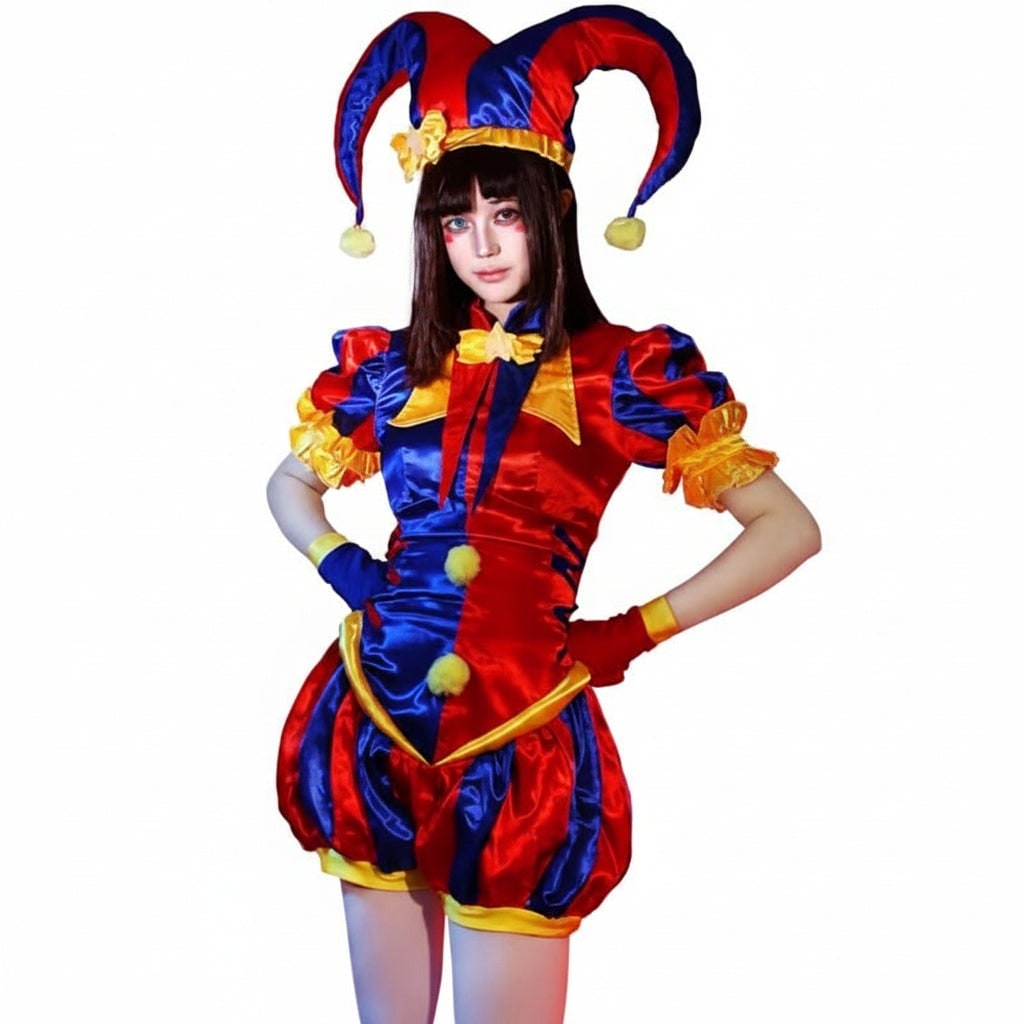 Thermabuild | Women's Halloween Jester Costume Outfit with Hat and Gloves Medieval Renaissance Court Party