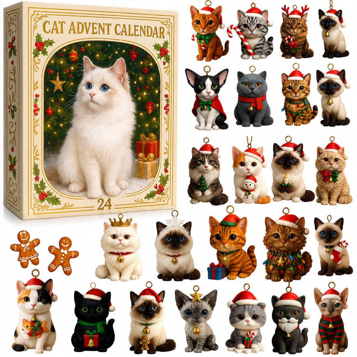 Thermabuild | Cat Advent Calendar with 24 Charm Ornaments