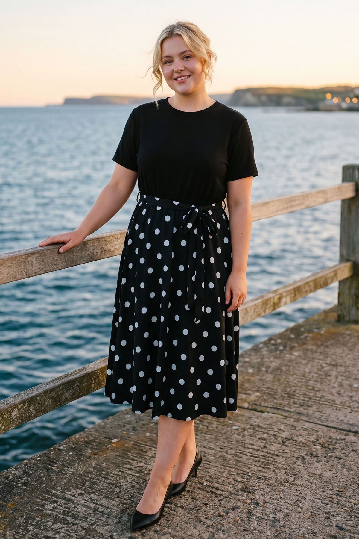 Thermabuild | Polka Dot Print Elastic Waist Tie Belt Dress