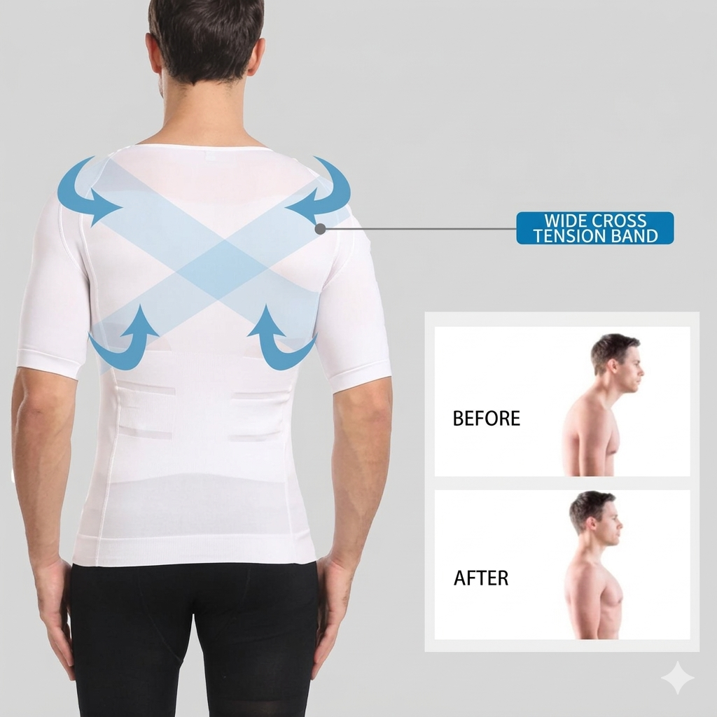 Thermabuild | Men's Compression Body Shaper T-Shirt - Slimming Abdomen Fat Burning Undershirt - Polyester Spandex Posture Corrective Vest for Men - M to XXL