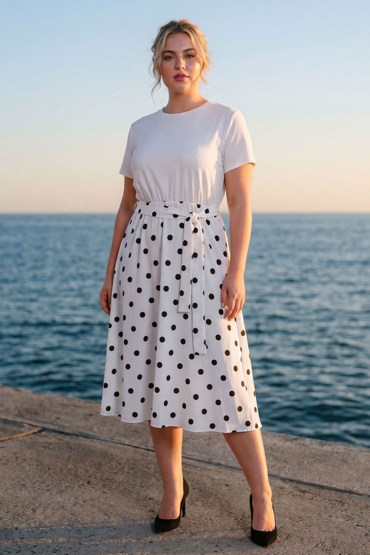 Thermabuild | Polka Dot Print Elastic Waist Tie Belt Dress