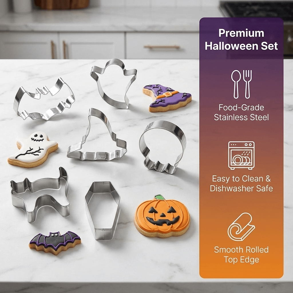 Thermabuild | Halloween Stainless Steel Cookie Cutters Set with 7 Shapes Including Bat Ghost Pumpkin and Skull