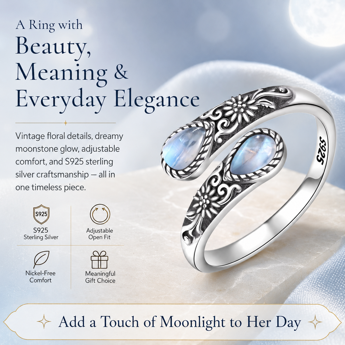 Thermabuild | Moonstone Bloom Adjustable Ring