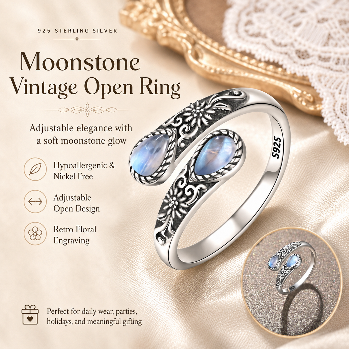 Thermabuild | Moonstone Bloom Adjustable Ring