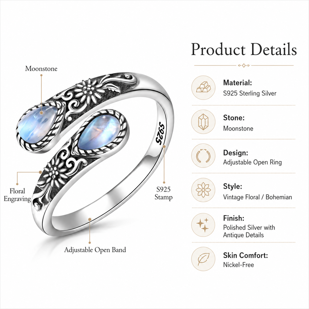 Thermabuild | Moonstone Bloom Adjustable Ring