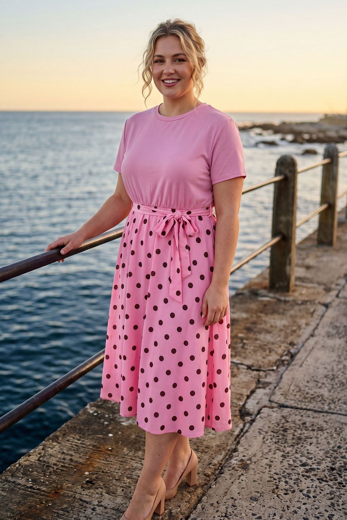 Thermabuild | Polka Dot Print Elastic Waist Tie Belt Dress