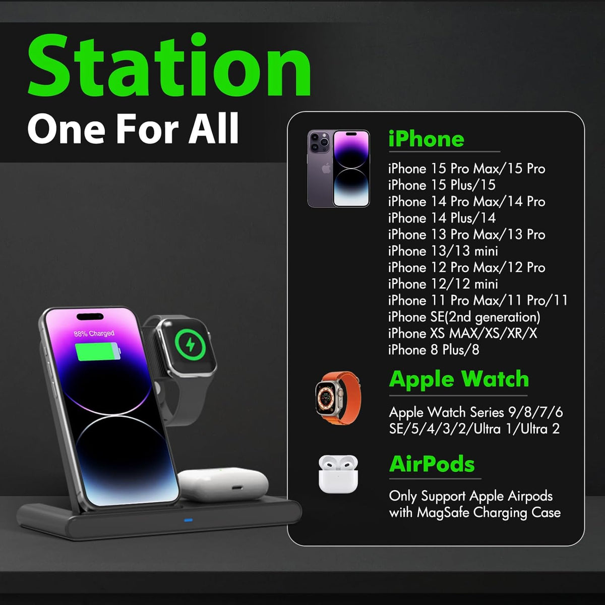 Thermabuild | 3 IN 1 Wireless Fast Charger Stand For iphone Watch And Airpod