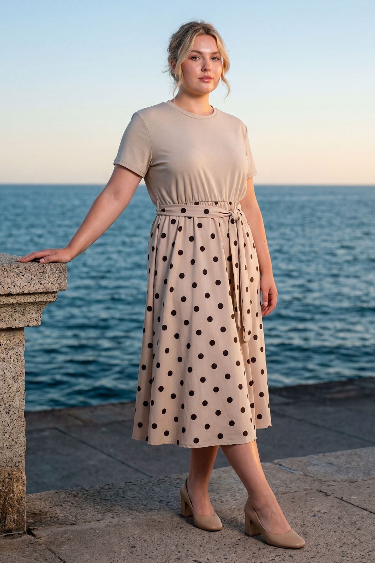Thermabuild | Polka Dot Print Elastic Waist Tie Belt Dress