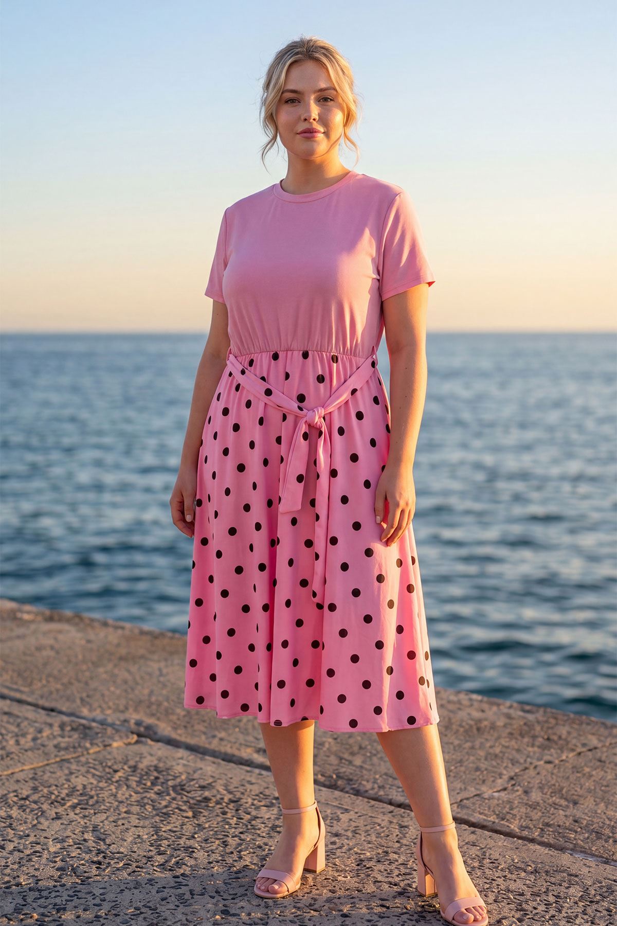 Thermabuild | Polka Dot Print Elastic Waist Tie Belt Dress