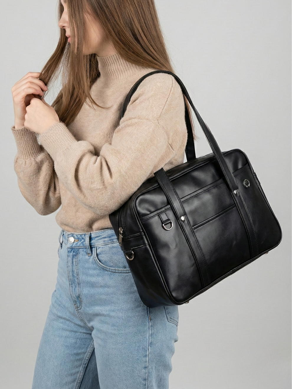 Thermabuild | Black handbag for school in smooth vegan leather