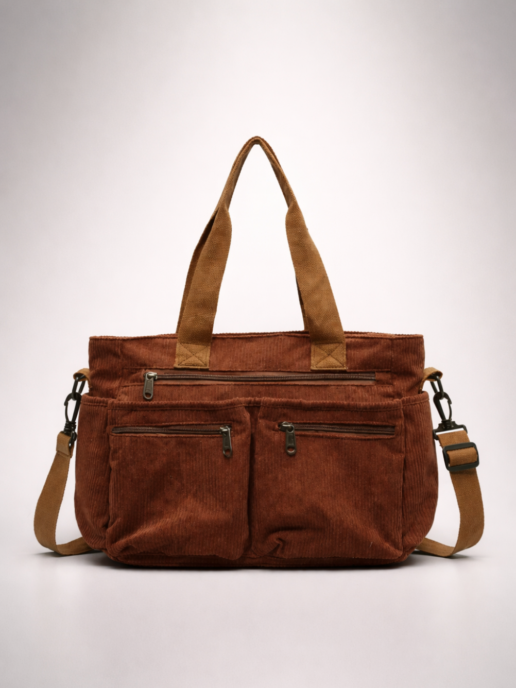 Thermabuild | Brown Corduroy Multi-Pocket University Tote Bag – 36×28×14 cm