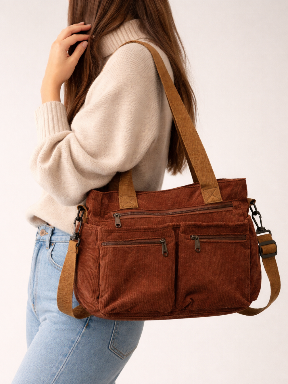Thermabuild | Brown Corduroy Multi-Pocket University Tote Bag – 36×28×14 cm