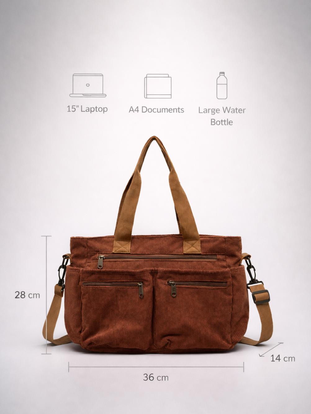 Thermabuild | Brown Corduroy Multi-Pocket University Tote Bag – 36×28×14 cm