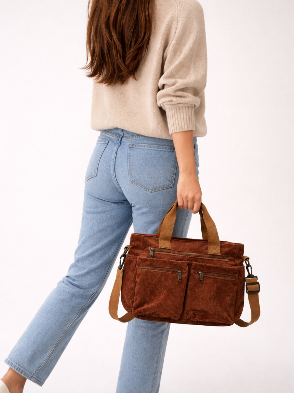 Thermabuild | Brown Corduroy Multi-Pocket University Tote Bag – 36×28×14 cm