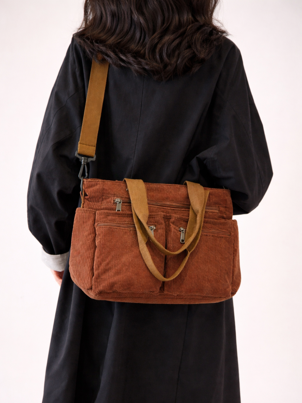 Thermabuild | Brown Corduroy Multi-Pocket University Tote Bag – 36×28×14 cm