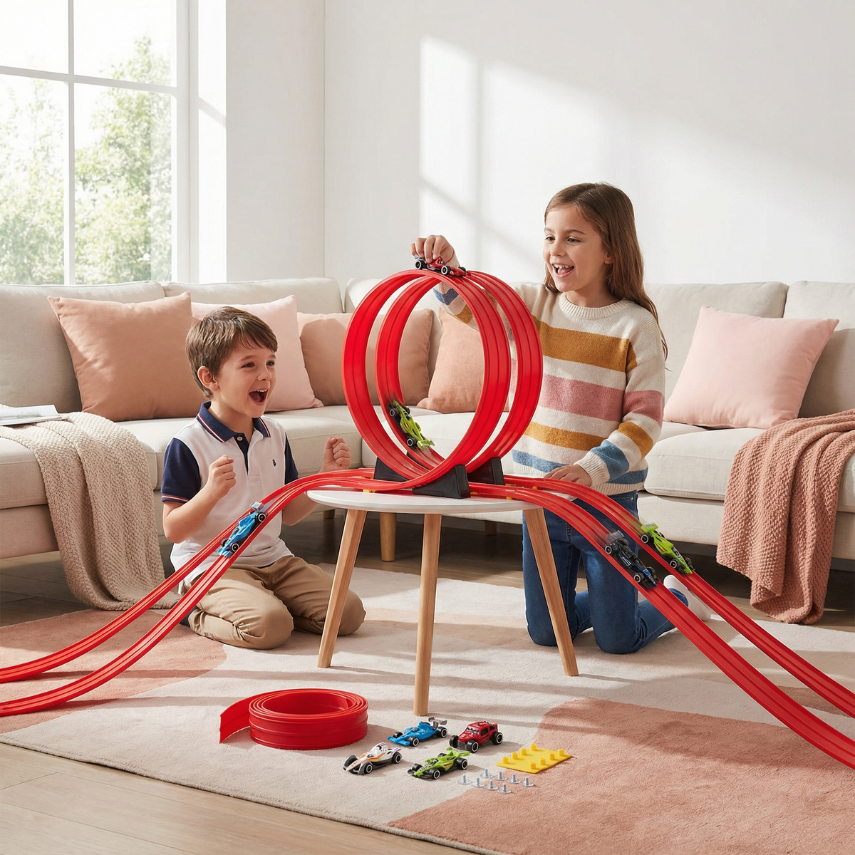 Thermabuild | Flexible Race Track Set with Glow in the Dark Rails - Creative DIY Construction Toy with Light Up Car for Kids - Indoor Racing Play Set