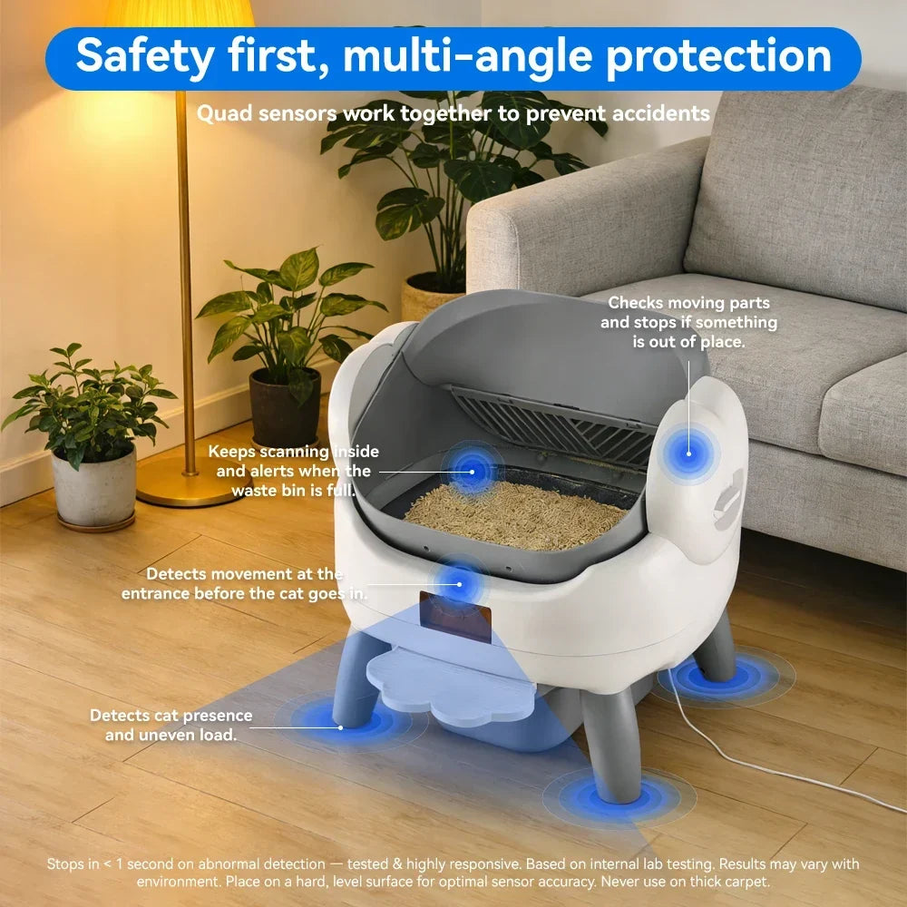 Thermabuild | Large Automatic Self-Cleaning Cat Litter Box with Smart App Control - Open Top Pet Toilet with Radar Safety Sensors and Detachable Step - Gray