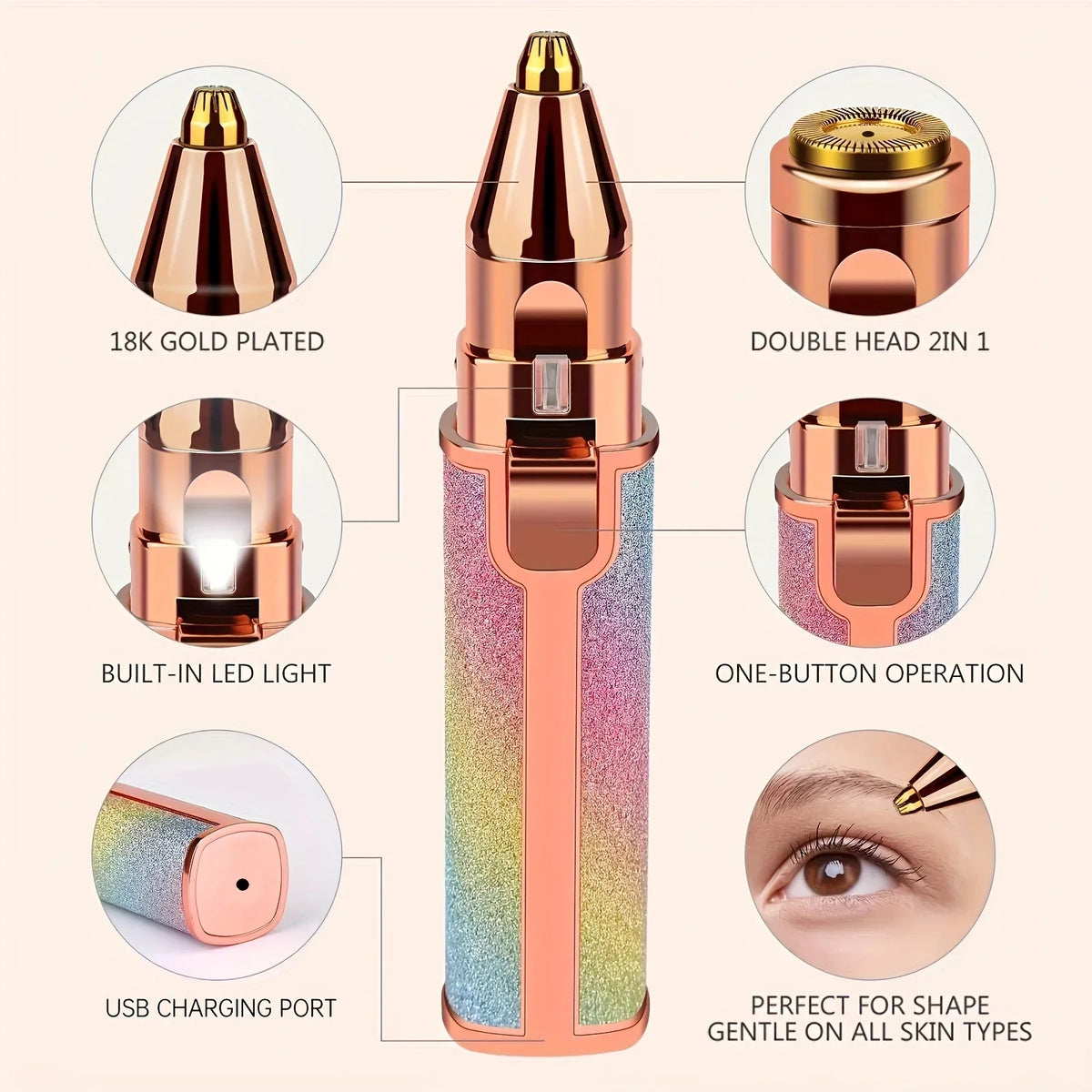 Thermabuild | Rechargeable Electric Eyebrow Trimmer for Women - Waterproof Rotary and Vibrating Shaver with Stainless Steel Blades and USB Charging - IPX5