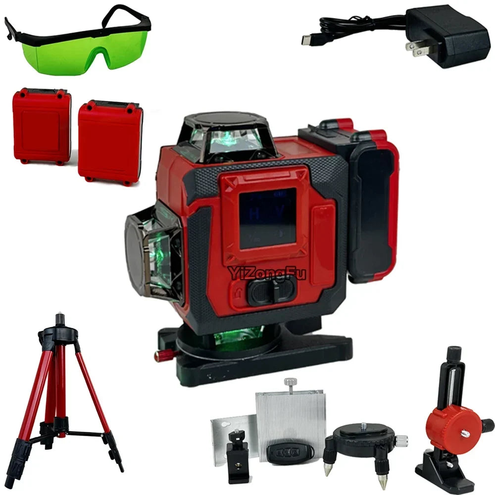 Thermabuild | 16 Line Green Laser Level Kit with Electronic Self-Leveling - Industrial Rechargeable Lithium Battery Power Tool with Remote Control - IP65