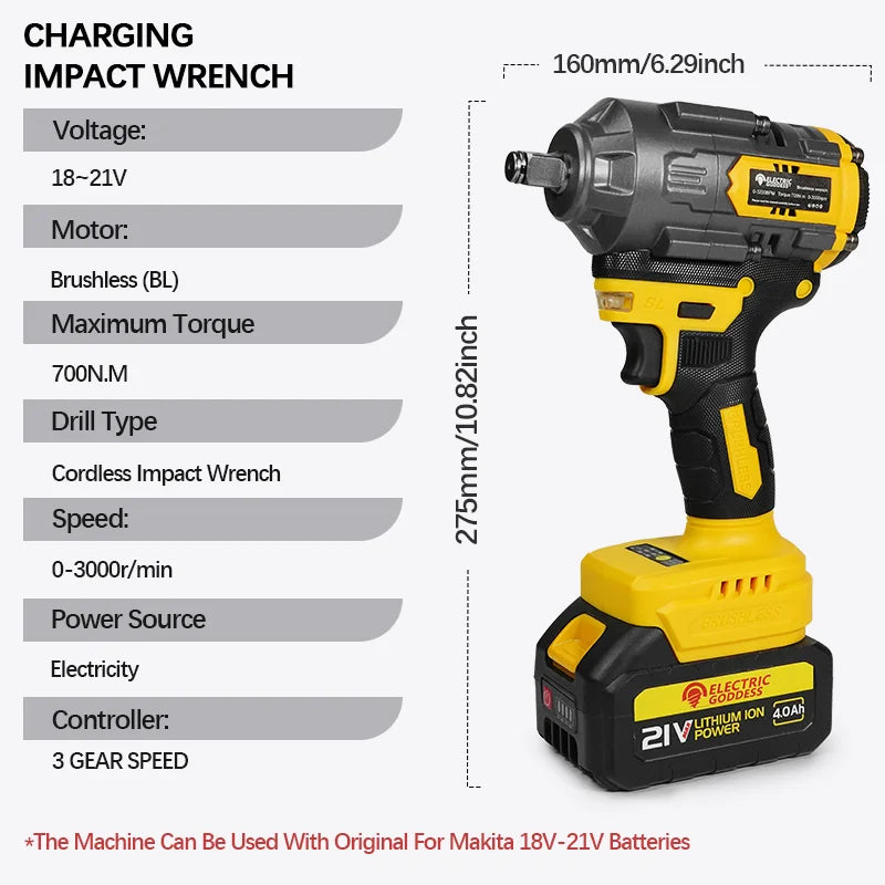 Thermabuild | Industrial Brushless Electric Impact Wrench 1/2 Inch Drive - 700Nm High Torque 21V Cordless Power Tool with 3000RPM for Automotive
