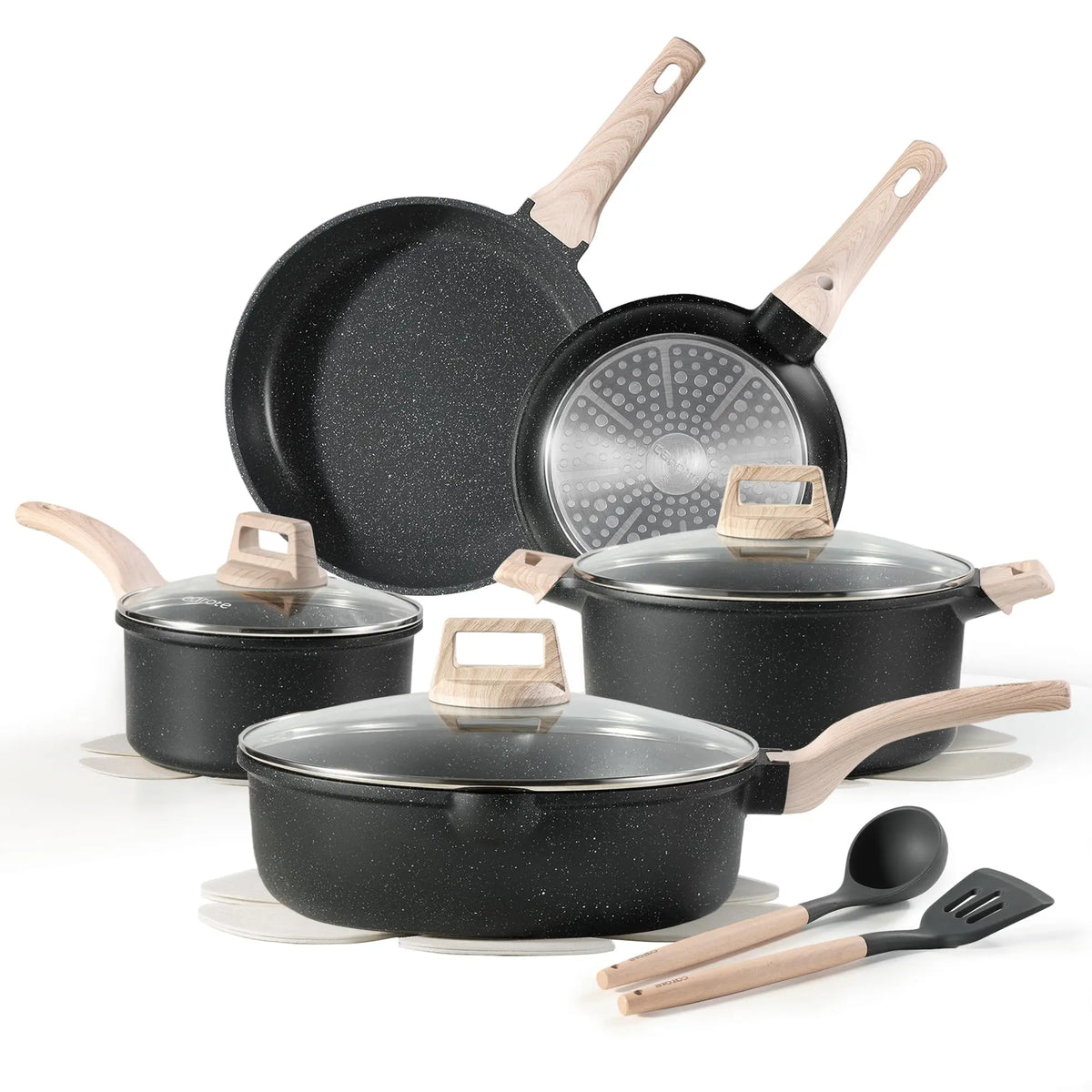 Thermabuild | 14-Piece Ceramic and Aluminum Cookware Set with Glass Lids - Non-Stick Kitchenware Pots and Pans for Gas and Induction Stovetops - Black